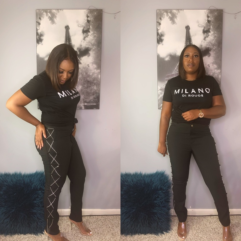 Rhinestone Down Black Pants